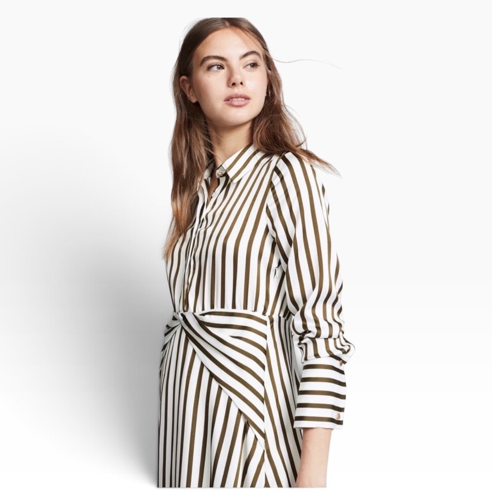 Line & Dot Olive Green White Striped Twist Front Shirt Dress Midi Long Sleeve S